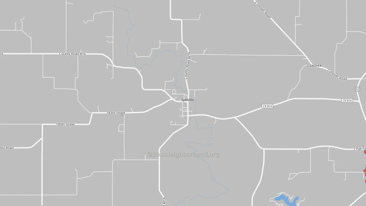 Walk Grade map of Spillville, IA, walkable areas in green and car-dependent areas in red