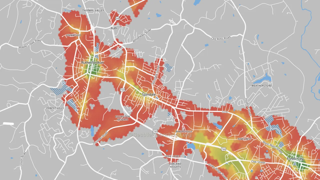 Walk Grade map of Spindale, NC, walkable areas in green and car-dependent areas in red