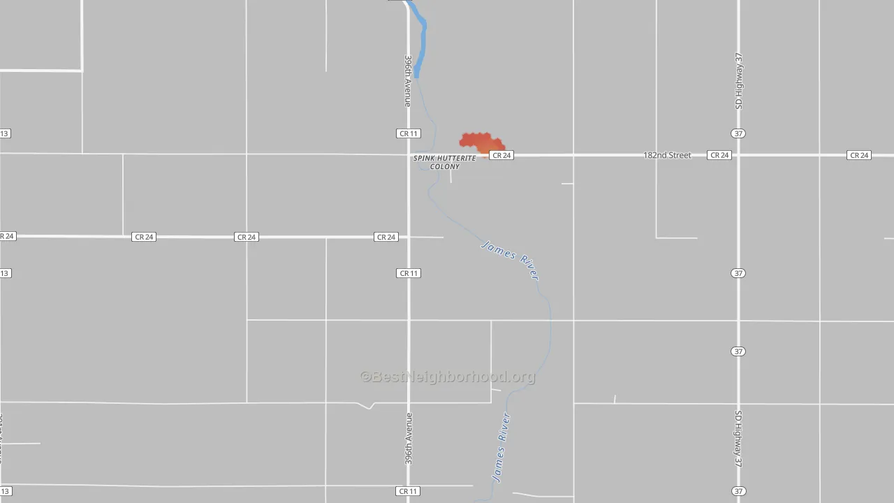 Walk Grade map of Spink Colony, SD, walkable areas in green and car-dependent areas in red
