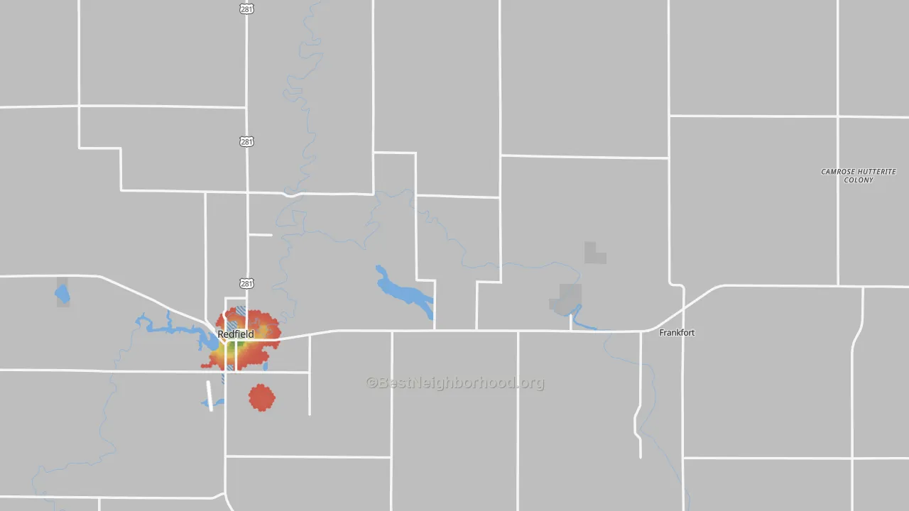 Walk Grade map of Spink County, SD, walkable areas in green and car-dependent areas in red
