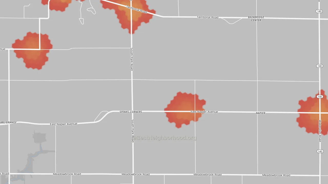 Walk Grade map of Spinks Corners, MI, walkable areas in green and car-dependent areas in red