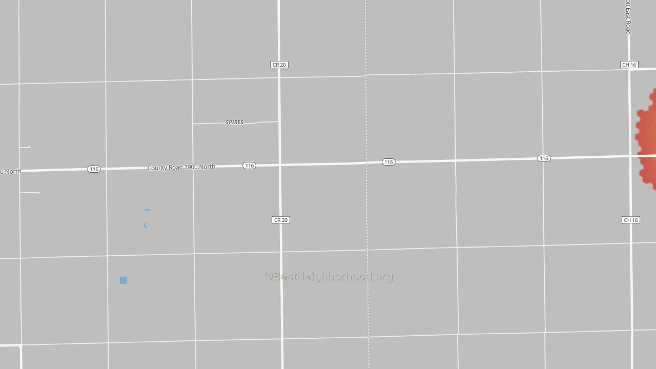 Walk Grade map of Spires, IL, walkable areas in green and car-dependent areas in red