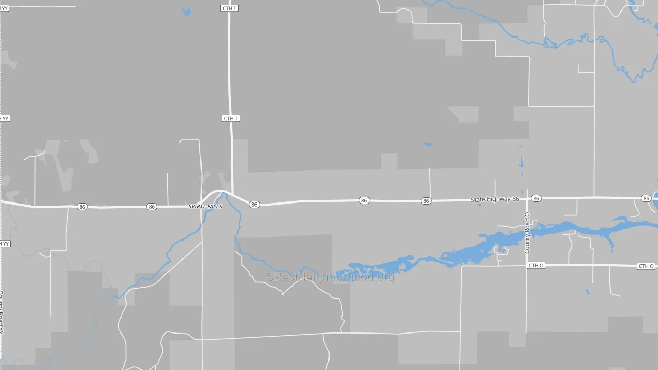 Walk Grade map of Spirit Falls, WI, walkable areas in green and car-dependent areas in red