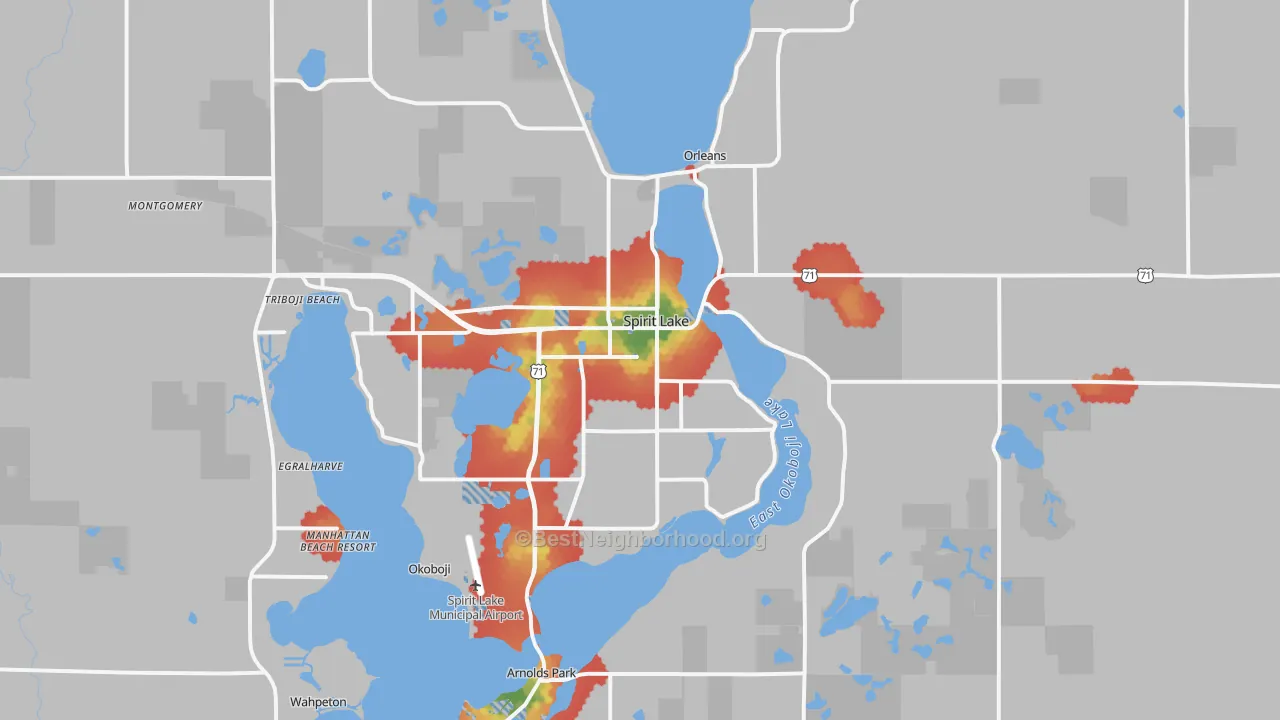 Walk Grade map of Spirit Lake, IA, walkable areas in green and car-dependent areas in red
