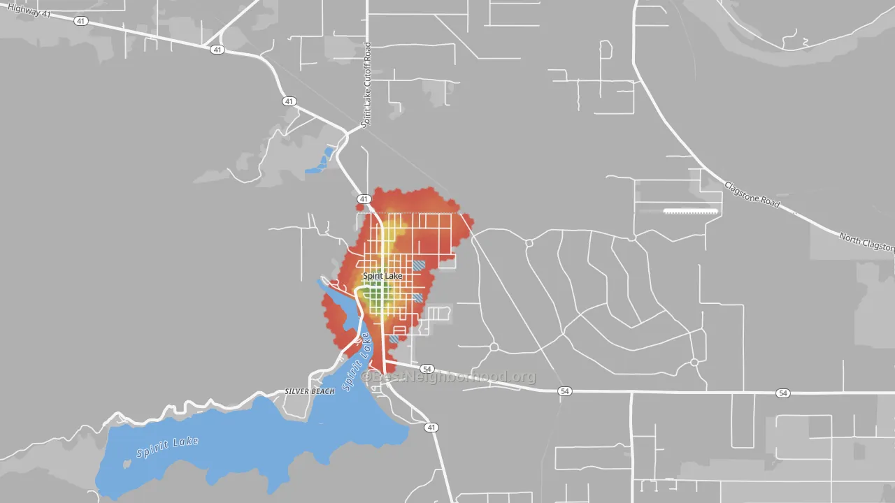 Walk Grade map of Spirit Lake, ID, walkable areas in green and car-dependent areas in red