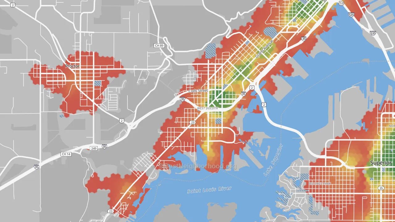 Walk Grade map of Spirit Valley-Denfeld-Norton Park, Duluth, MN, walkable areas in green and car-dependent areas in red