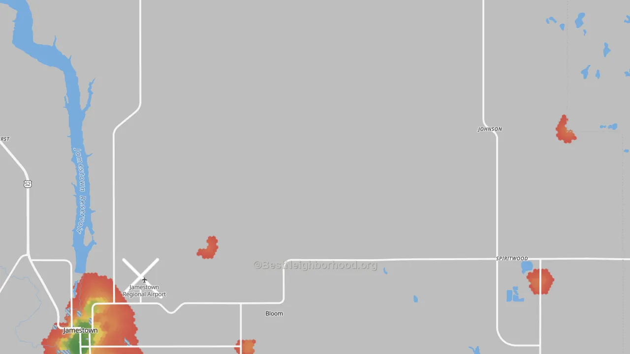 Walk Grade map of Spiritwood, ND, walkable areas in green and car-dependent areas in red