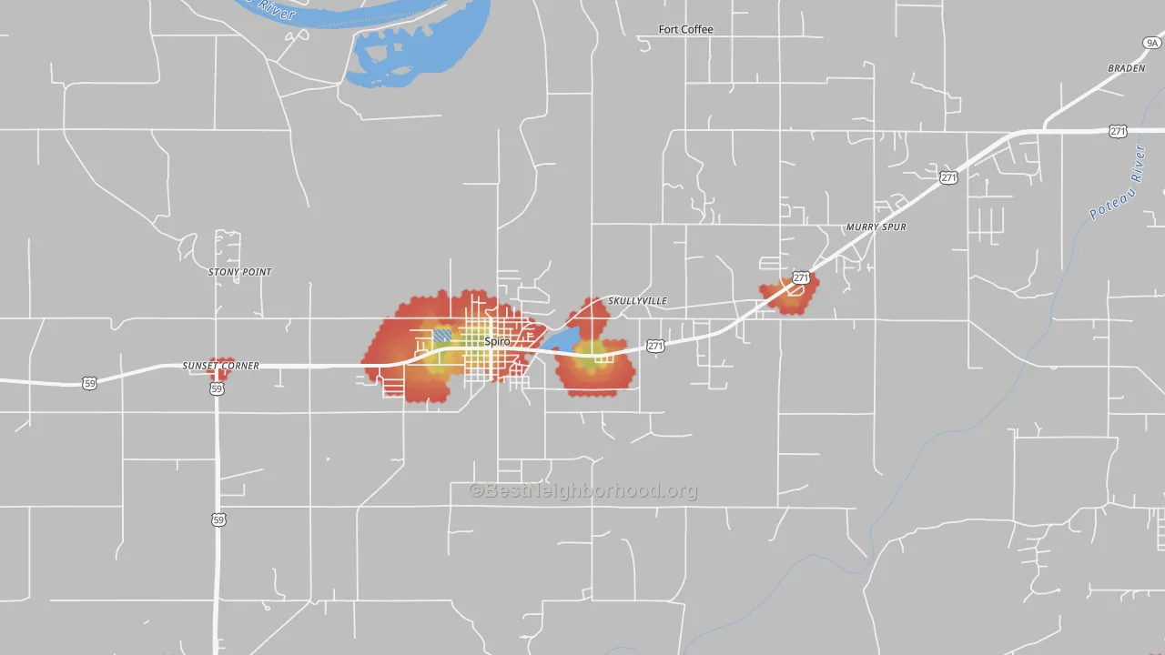 Walk Grade map of Spiro, OK, walkable areas in green and car-dependent areas in red