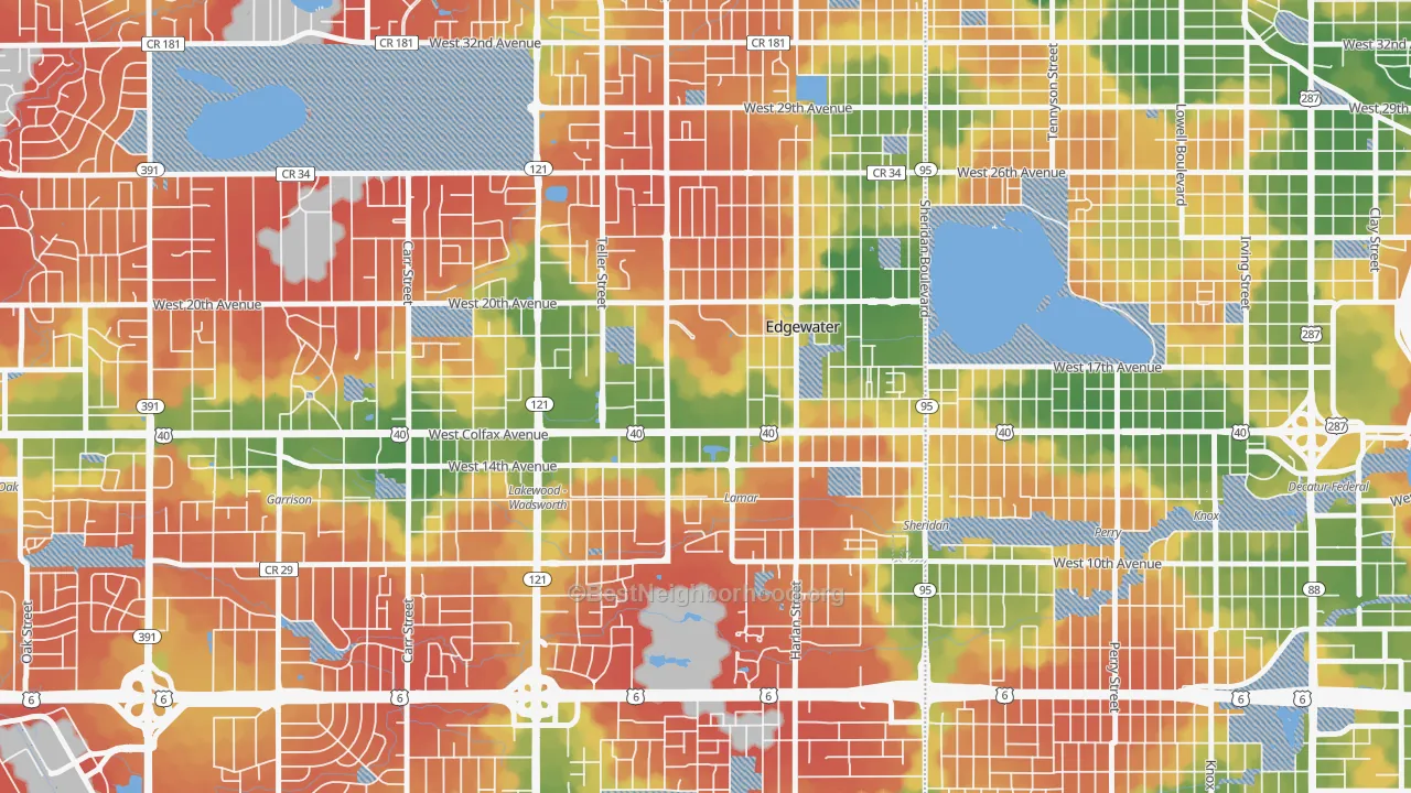 Walk Grade map of Spivak, Edgewater, CO, walkable areas in green and car-dependent areas in red