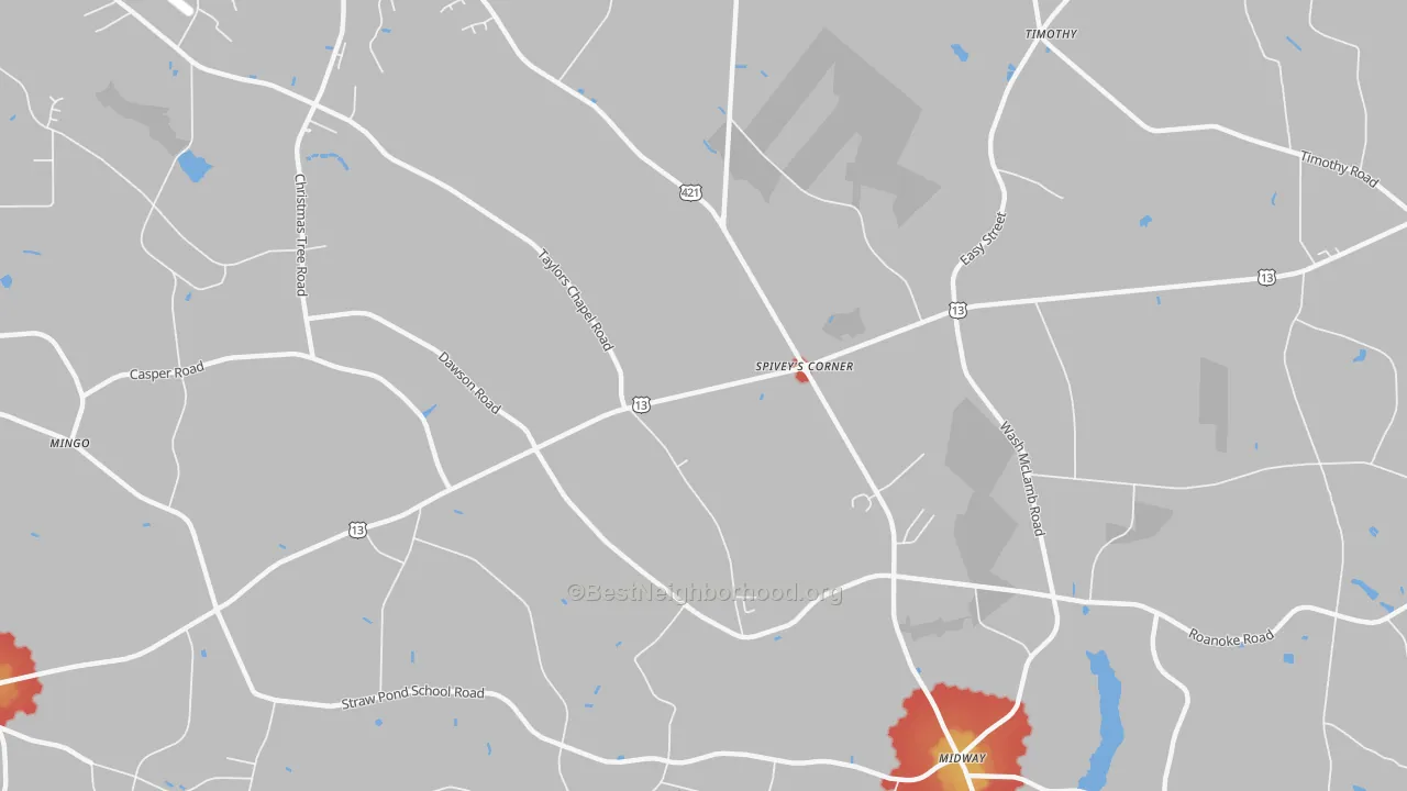 Walk Grade map of Spiveys Corner, NC, walkable areas in green and car-dependent areas in red