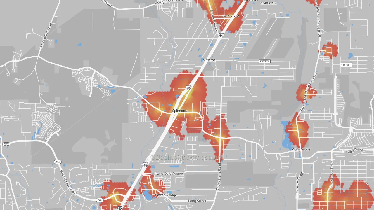 Walk Grade map of Splendora, TX, walkable areas in green and car-dependent areas in red