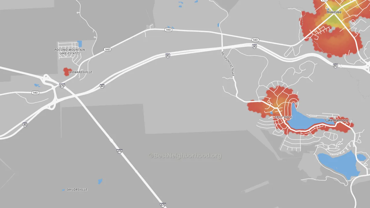 Walk Grade map of Split Rock, PA, walkable areas in green and car-dependent areas in red