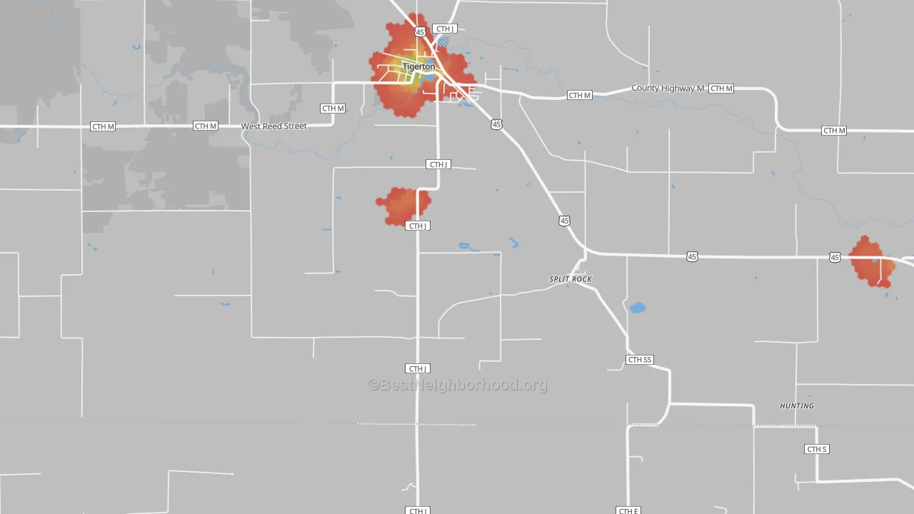 Walk Grade map of Split Rock, WI, walkable areas in green and car-dependent areas in red