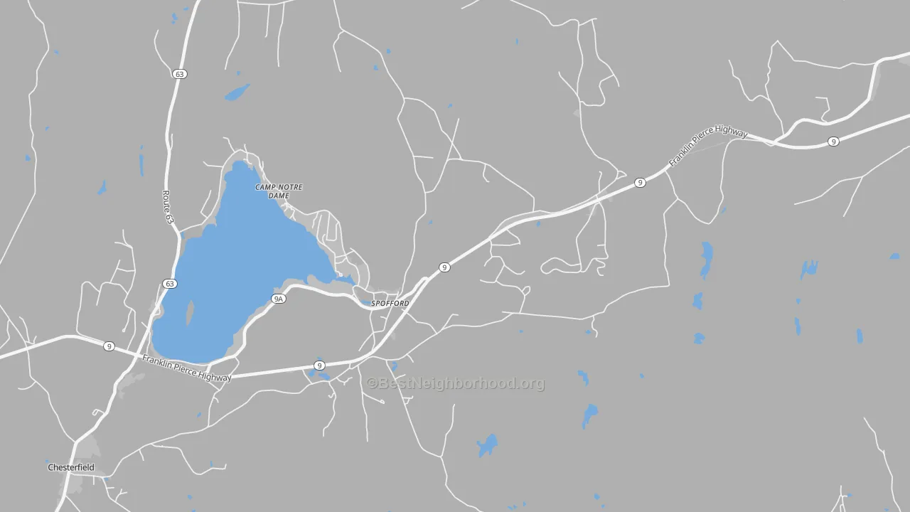 Walk Grade map of Spofford, NH, walkable areas in green and car-dependent areas in red