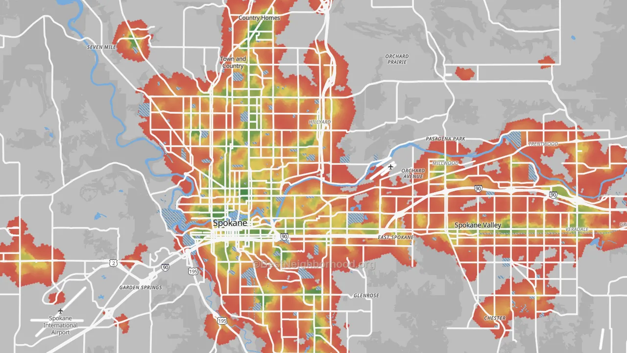 Walk Grade map of Spokane County, WA, walkable areas in green and car-dependent areas in red