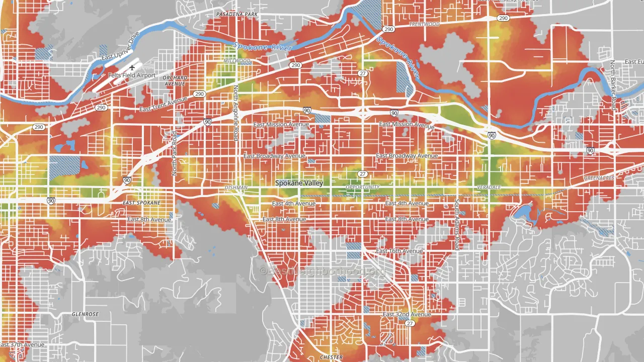 Walk Grade map of Spokane Valley, WA, walkable areas in green and car-dependent areas in red