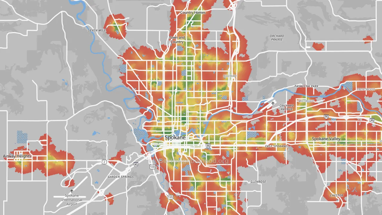 Walk Grade map of Spokane, WA, walkable areas in green and car-dependent areas in red