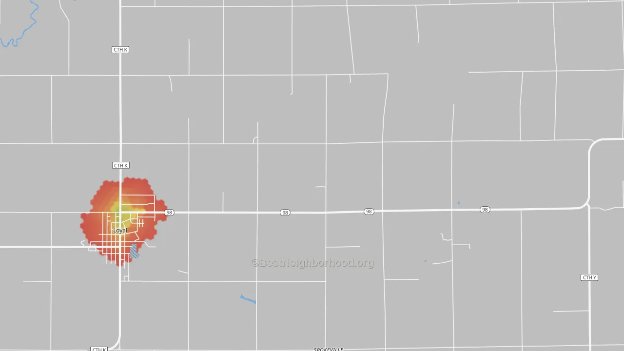 Walk Grade map of Spokeville, WI, walkable areas in green and car-dependent areas in red