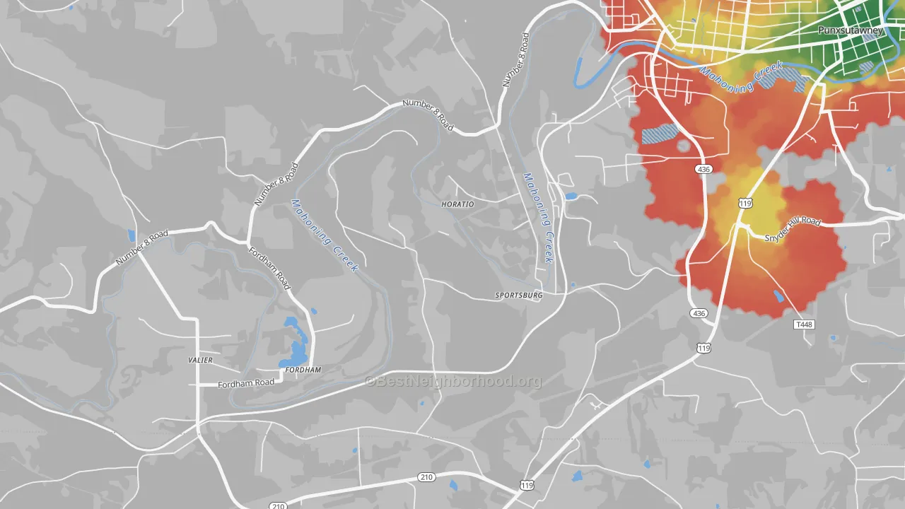 Walk Grade map of Sportsburg, PA, walkable areas in green and car-dependent areas in red