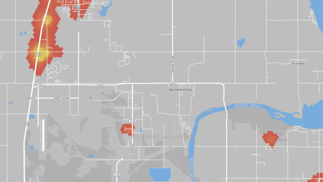 Walk Grade map of Sportsmen Acres, OK, walkable areas in green and car-dependent areas in red