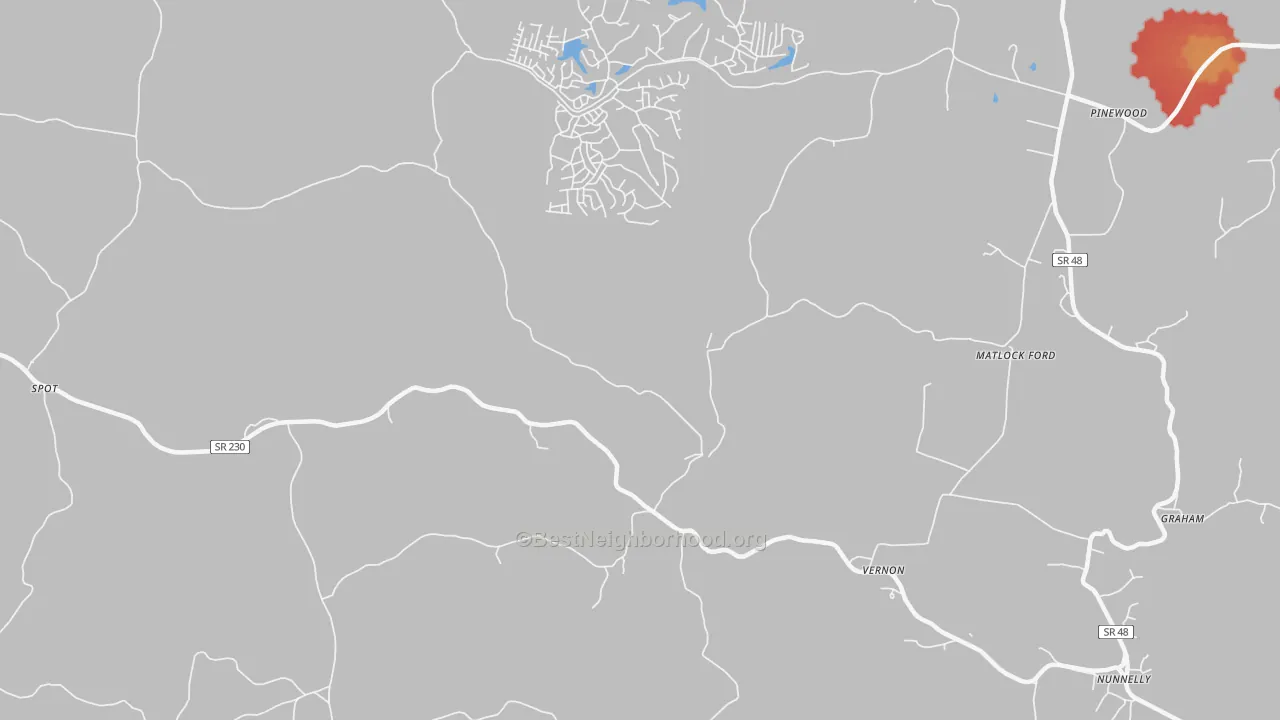 Walk Grade map of Spot, TN, walkable areas in green and car-dependent areas in red