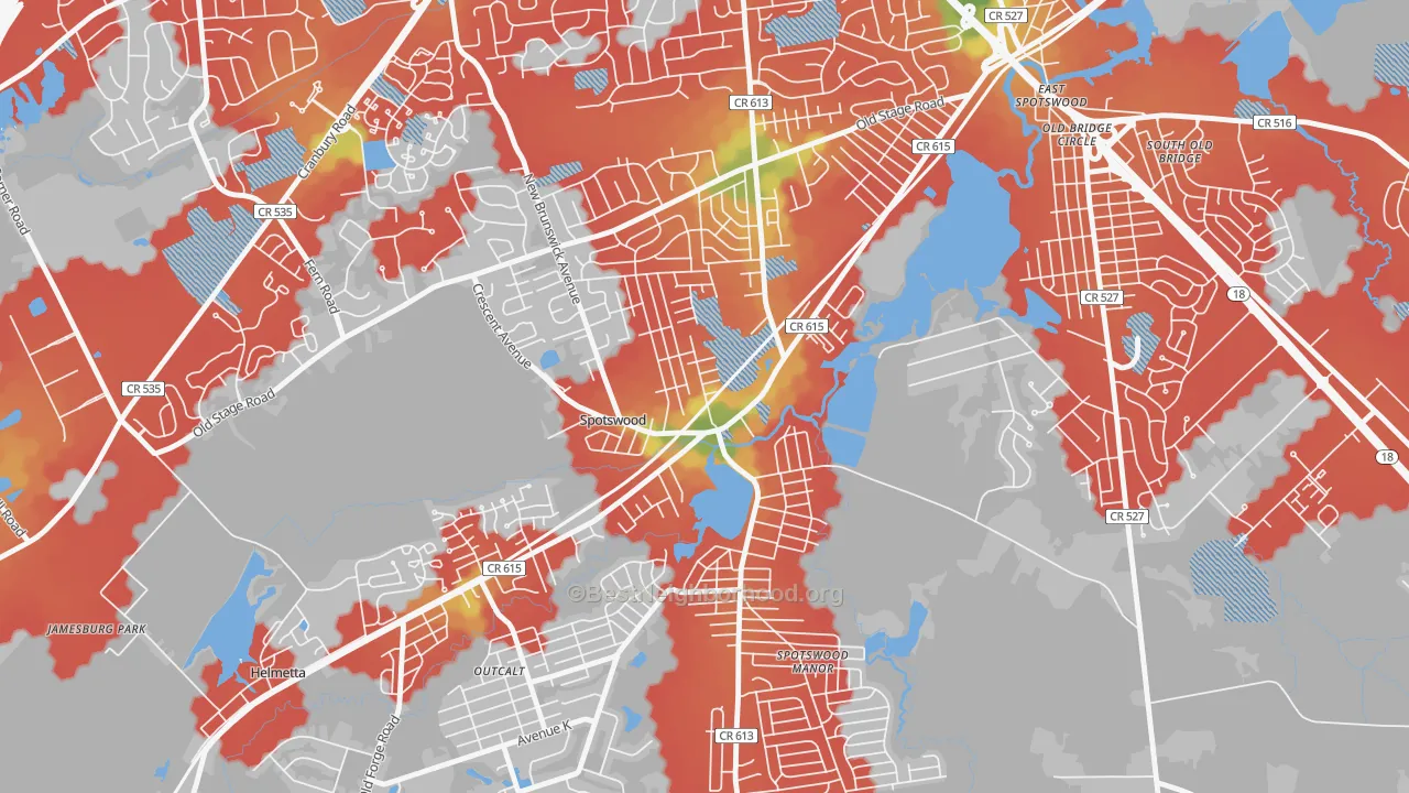 Walk Grade map of Spotswood, NJ, walkable areas in green and car-dependent areas in red