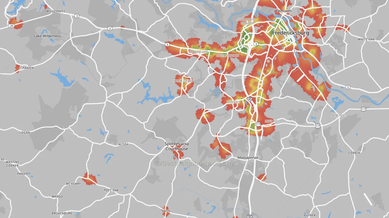 Walk Grade map of Spotsylvania County, VA, walkable areas in green and car-dependent areas in red
