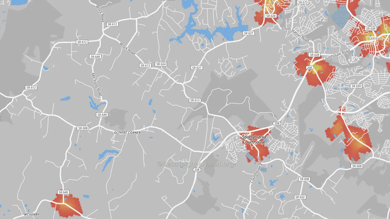 Walk Grade map of Spotsylvania Courthouse, VA, walkable areas in green and car-dependent areas in red