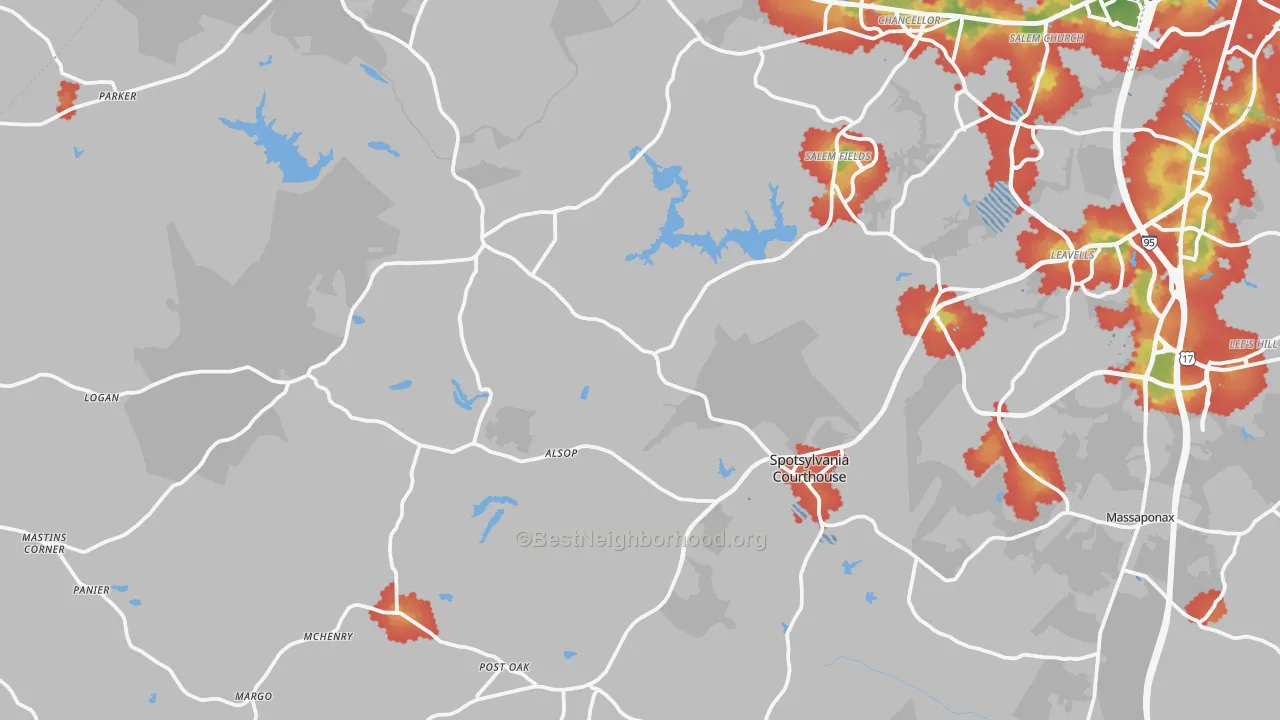 Walk Grade map of Spotsylvania, VA, walkable areas in green and car-dependent areas in red