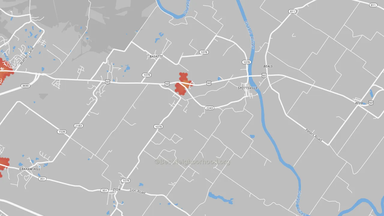 Walk Grade map of Spottsville, KY, walkable areas in green and car-dependent areas in red