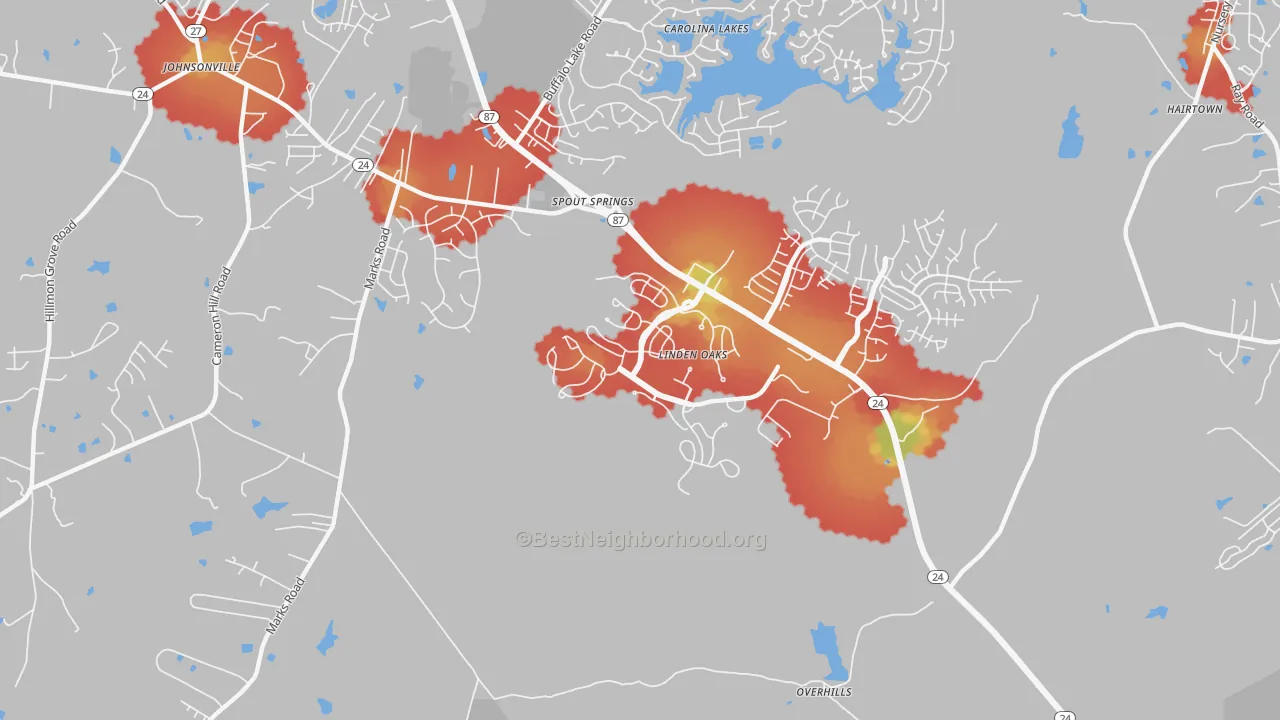 Walk Grade map of Spout Springs, NC, walkable areas in green and car-dependent areas in red