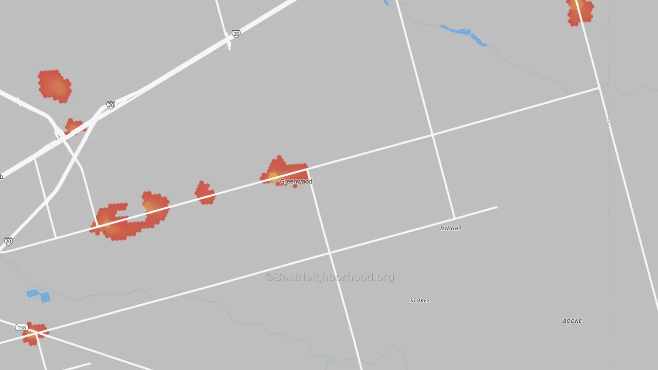 Walk Grade map of Spraberry, TX, walkable areas in green and car-dependent areas in red