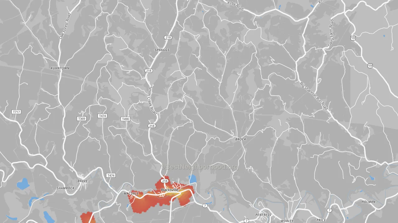 Walk Grade map of Spraggs, PA, walkable areas in green and car-dependent areas in red