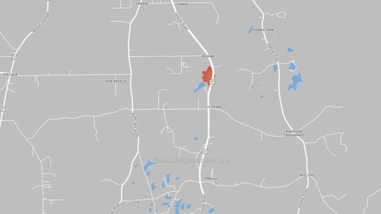 Walk Grade map of Sprague, AL, walkable areas in green and car-dependent areas in red