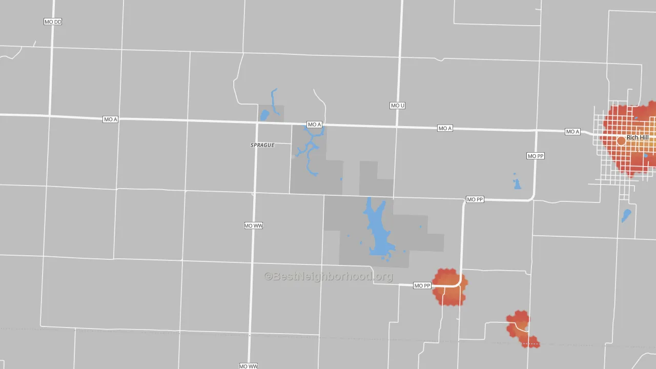 Walk Grade map of Sprague, MO, walkable areas in green and car-dependent areas in red