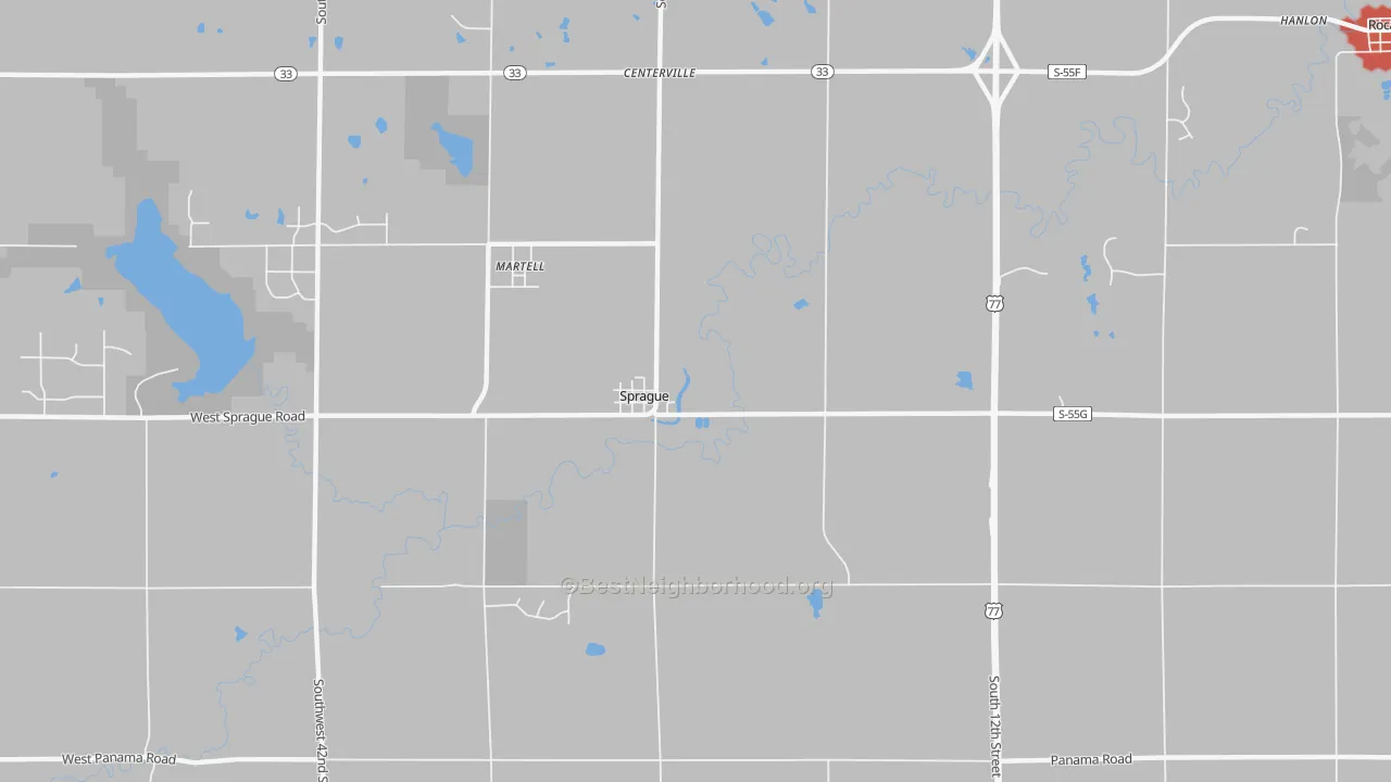 Walk Grade map of Sprague, NE, walkable areas in green and car-dependent areas in red