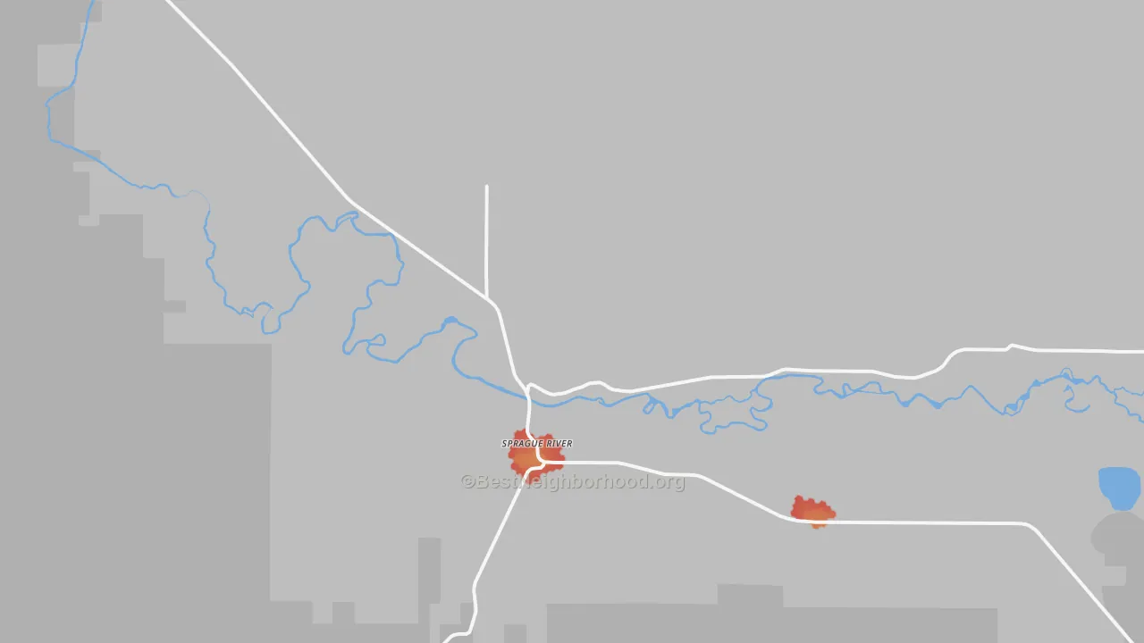 Walk Grade map of Sprague River, OR, walkable areas in green and car-dependent areas in red