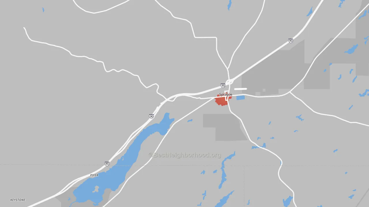 Walk Grade map of Sprague, WA, walkable areas in green and car-dependent areas in red