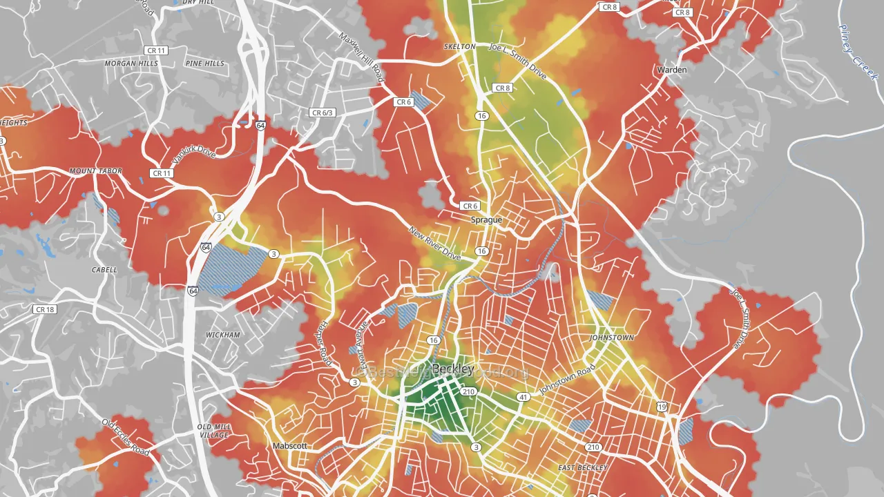 Walk Grade map of Sprague, WV, walkable areas in green and car-dependent areas in red