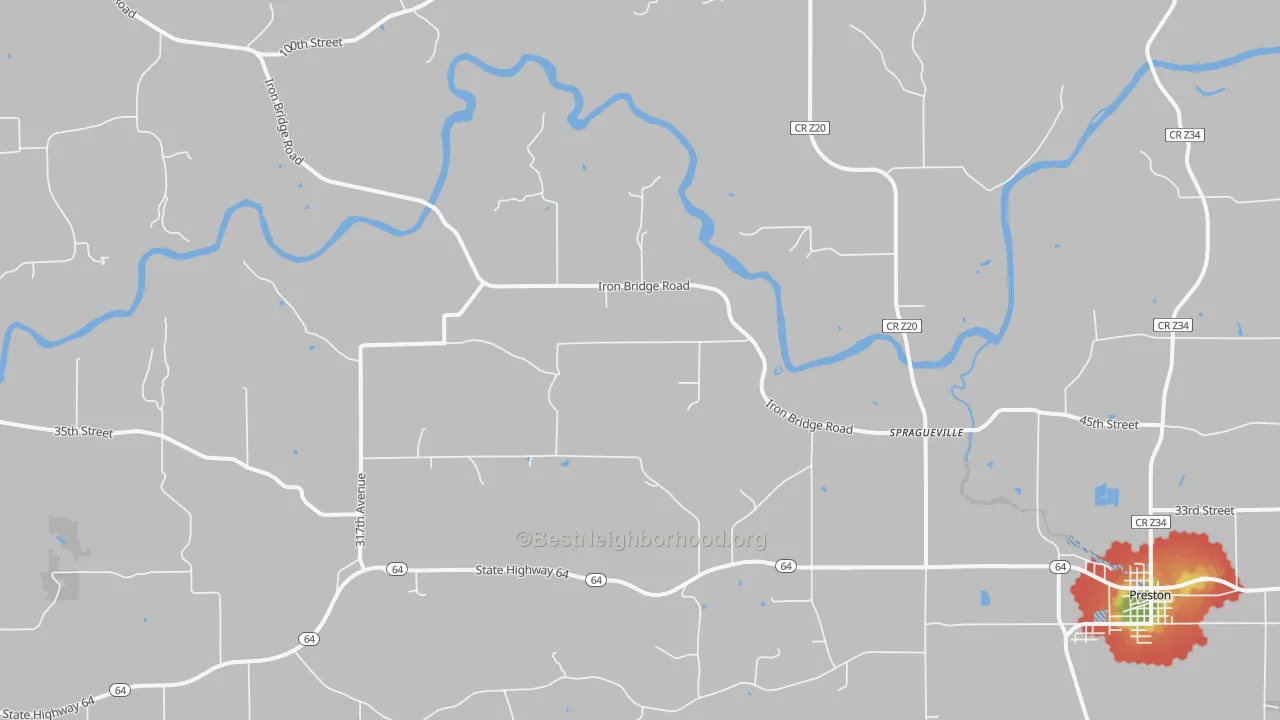 Walk Grade map of Spragueville, IA, walkable areas in green and car-dependent areas in red
