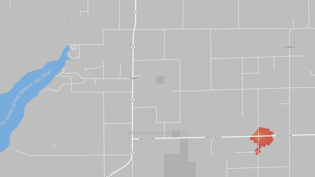 Walk Grade map of Spratt, MI, walkable areas in green and car-dependent areas in red