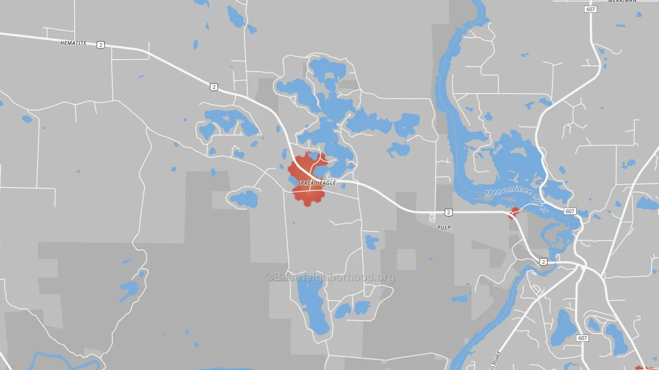 Walk Grade map of Spread Eagle, WI, walkable areas in green and car-dependent areas in red