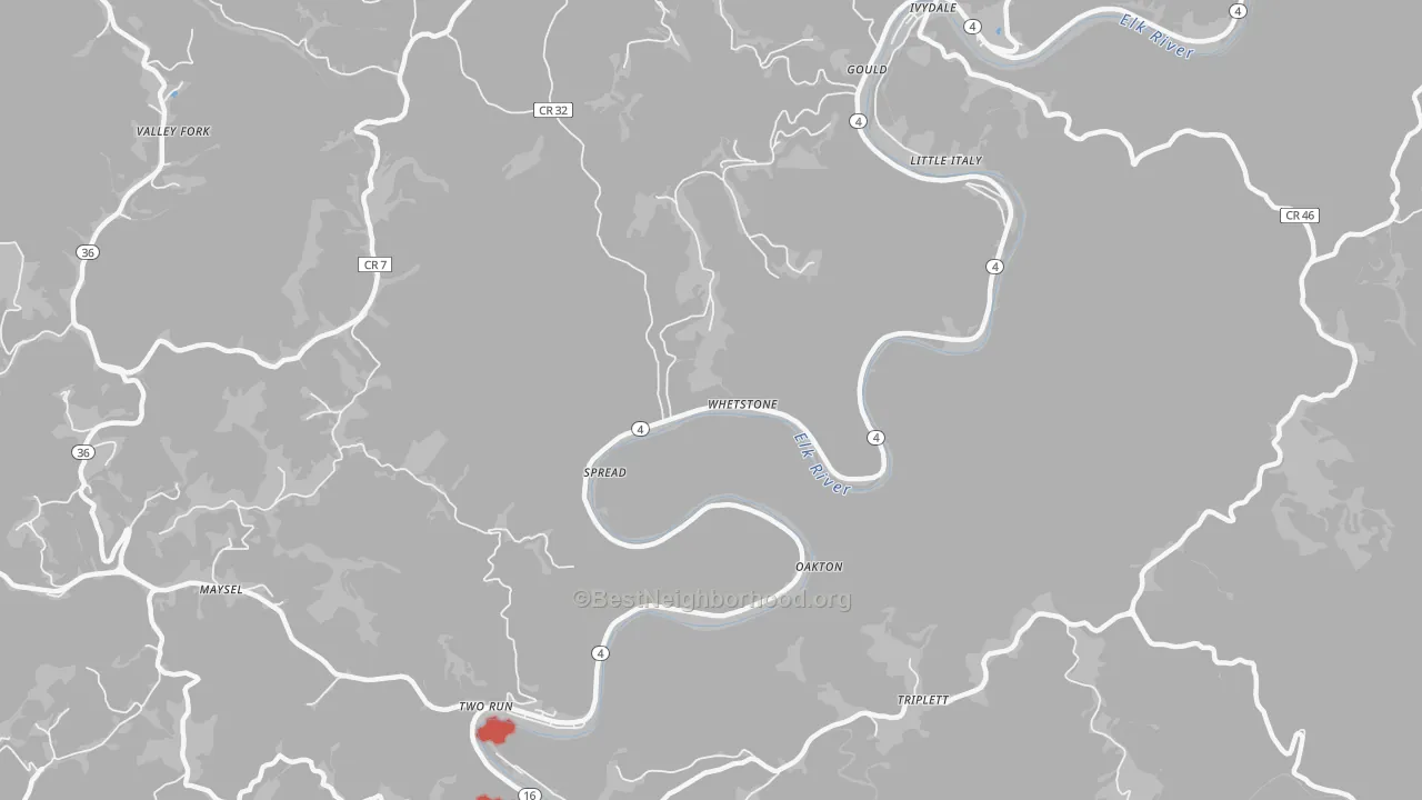 Walk Grade map of Spread, WV, walkable areas in green and car-dependent areas in red