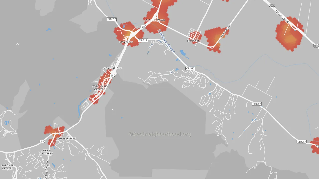 Walk Grade map of Spreckels, CA, walkable areas in green and car-dependent areas in red