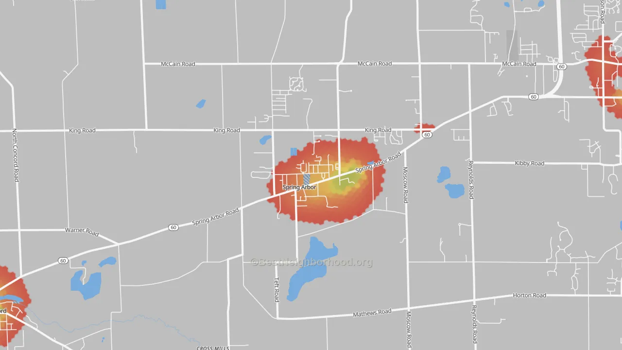 Walk Grade map of Spring Arbor, MI, walkable areas in green and car-dependent areas in red