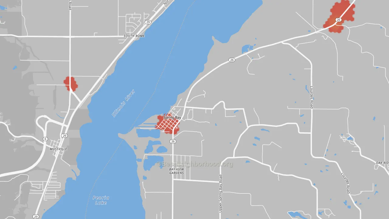 Walk Grade map of Spring Bay, IL, walkable areas in green and car-dependent areas in red