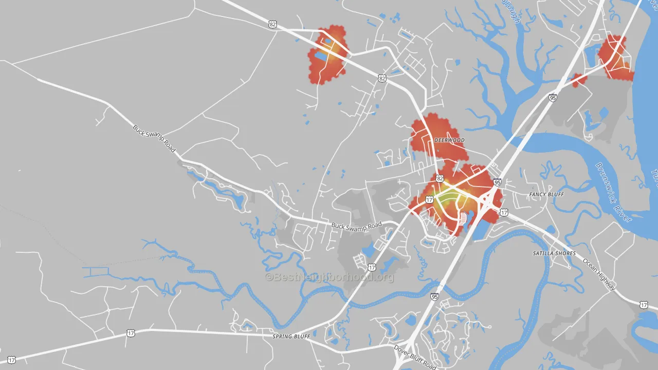 Walk Grade map of Spring Bluff, GA, walkable areas in green and car-dependent areas in red