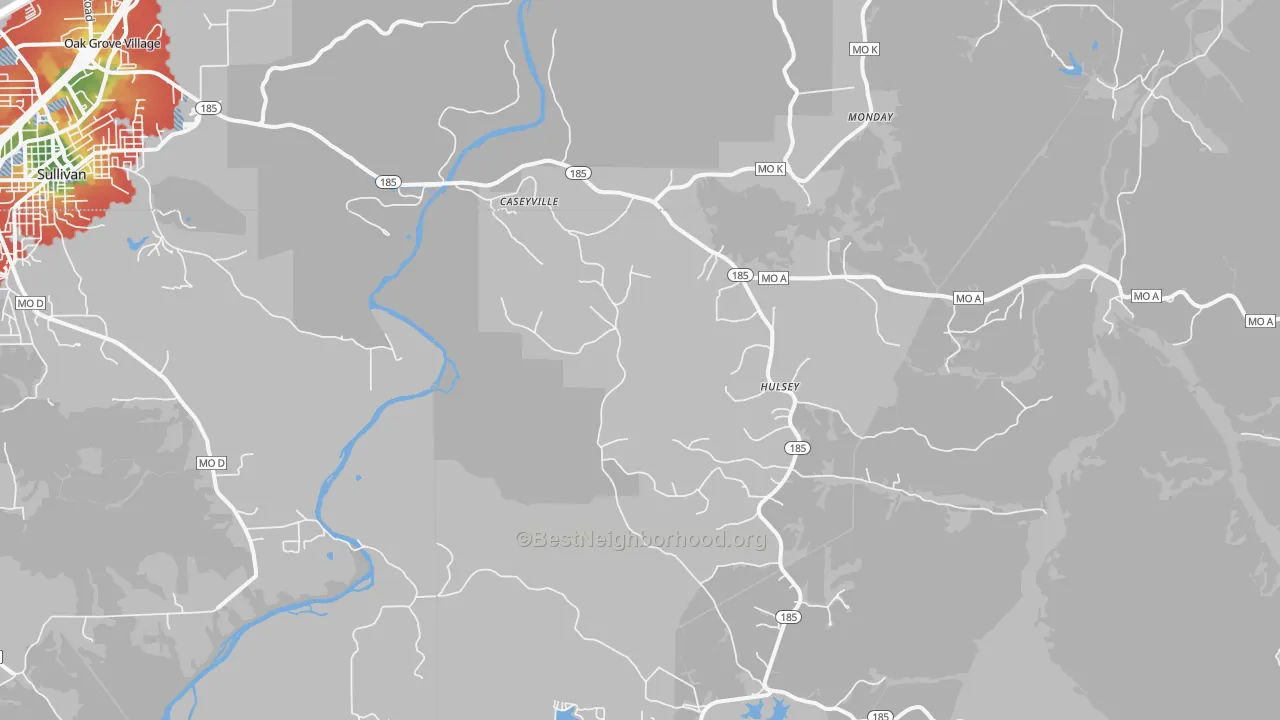 Walk Grade map of Spring Bluff, MO, walkable areas in green and car-dependent areas in red