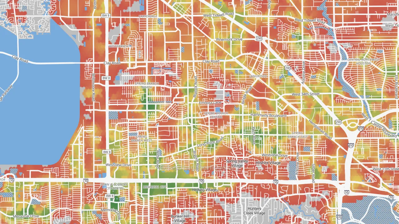 Walk Grade map of Spring Branch, Houston, TX, walkable areas in green and car-dependent areas in red