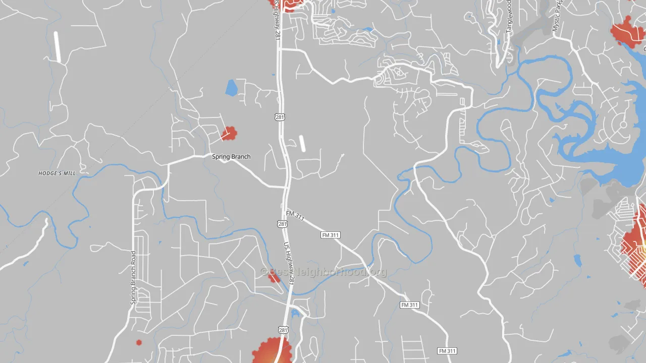 Walk Grade map of Spring Branch, TX, walkable areas in green and car-dependent areas in red